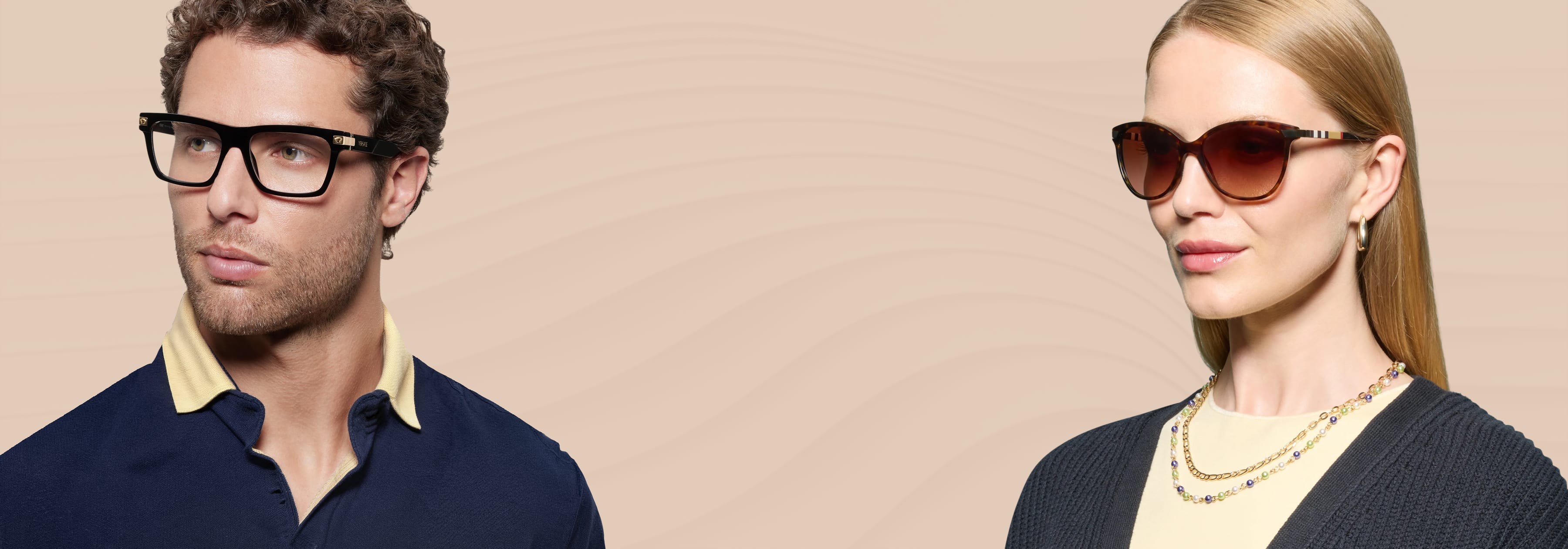 The left is wearing Versace ve3348 Eyeglasses, other is wearing Burberry be4216 Sunglasses